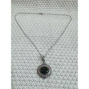 STS Karis Signed Ornate Pendant Necklace 18" Magnetic Clasp Purple Accents